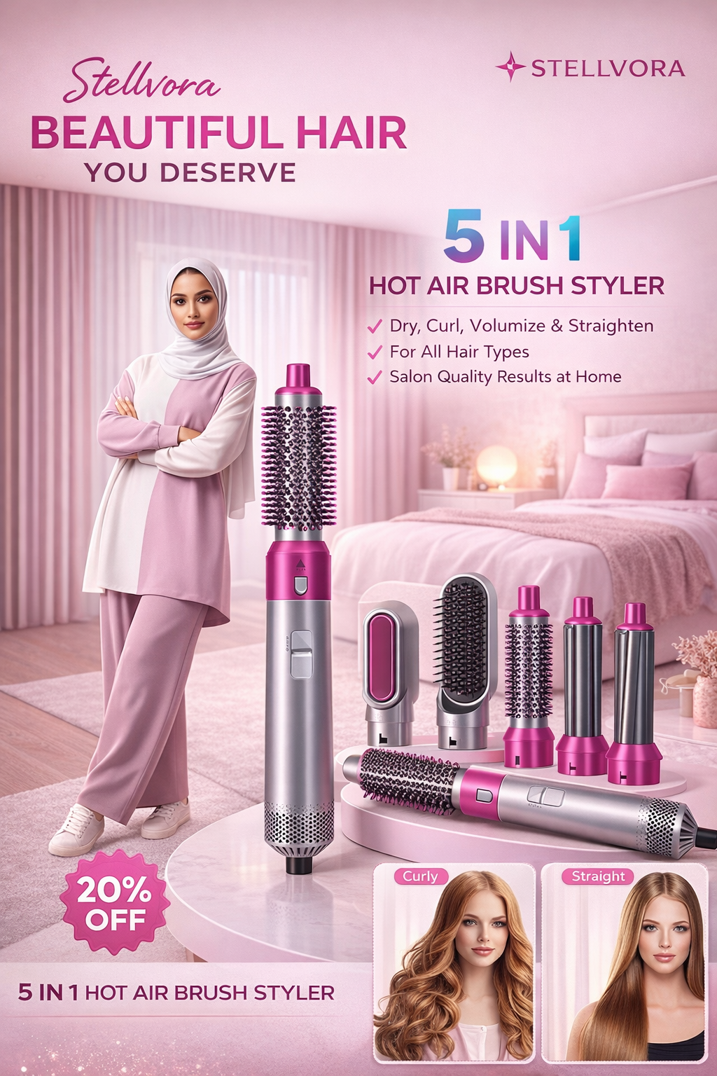 Stellvora 5-in-1 hot air brush styler with woman in a bedroom setting, showing hair styling results.