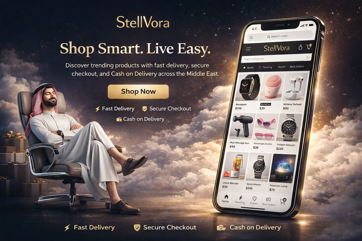 StellVora advertisement with a man in traditional attire sitting in a chair, smartphone displaying the app, and promotional text.