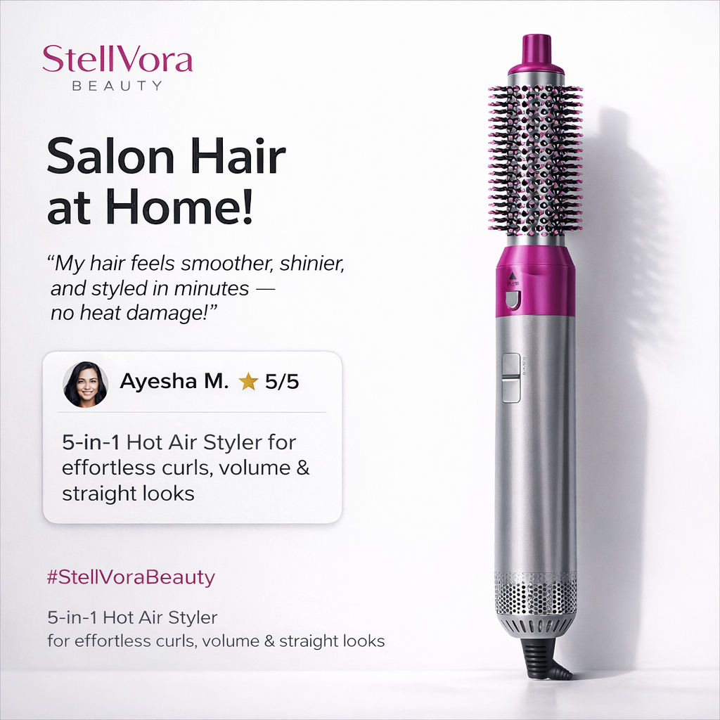 5-in-1 Hot Air Brush Styler with interchangeable attachments for salon-quality hair styling at home.
